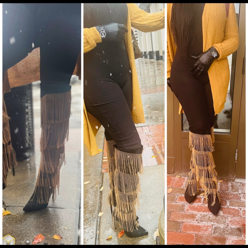 Black suede boots with gold shingles